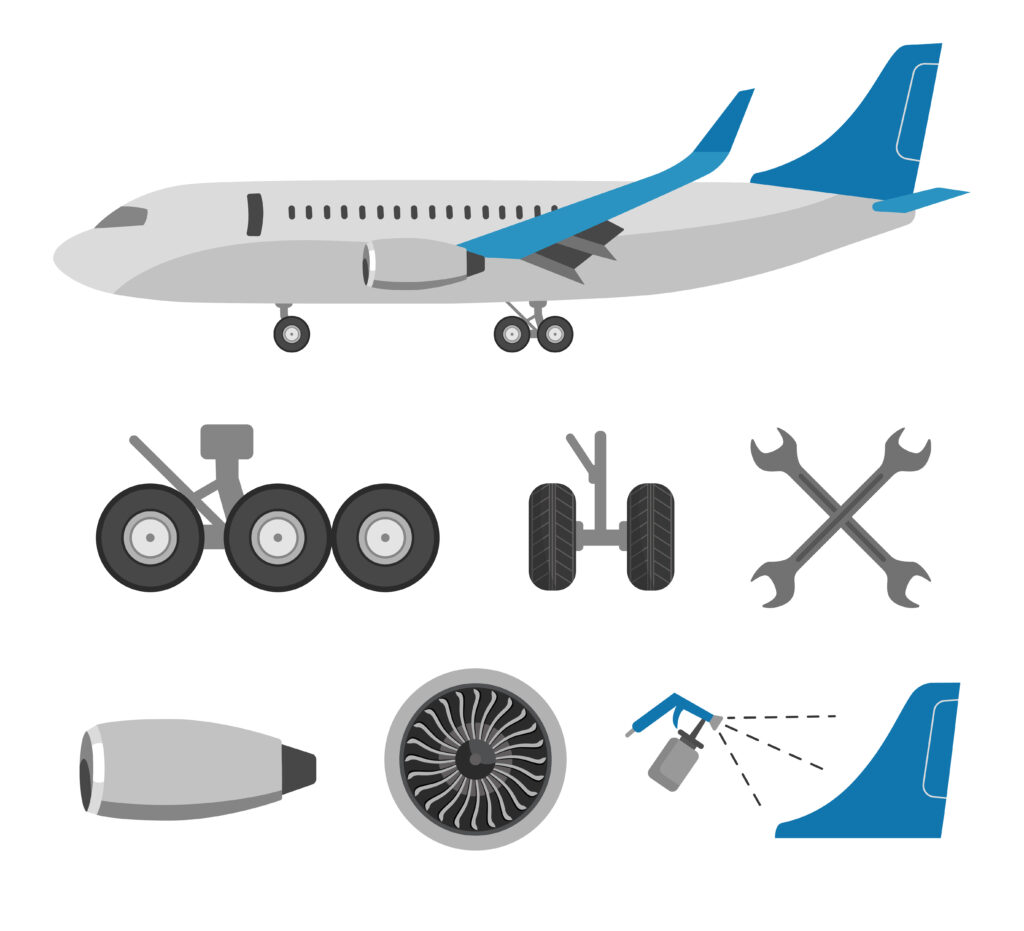 Airplane and different parts flat vector illustrations set